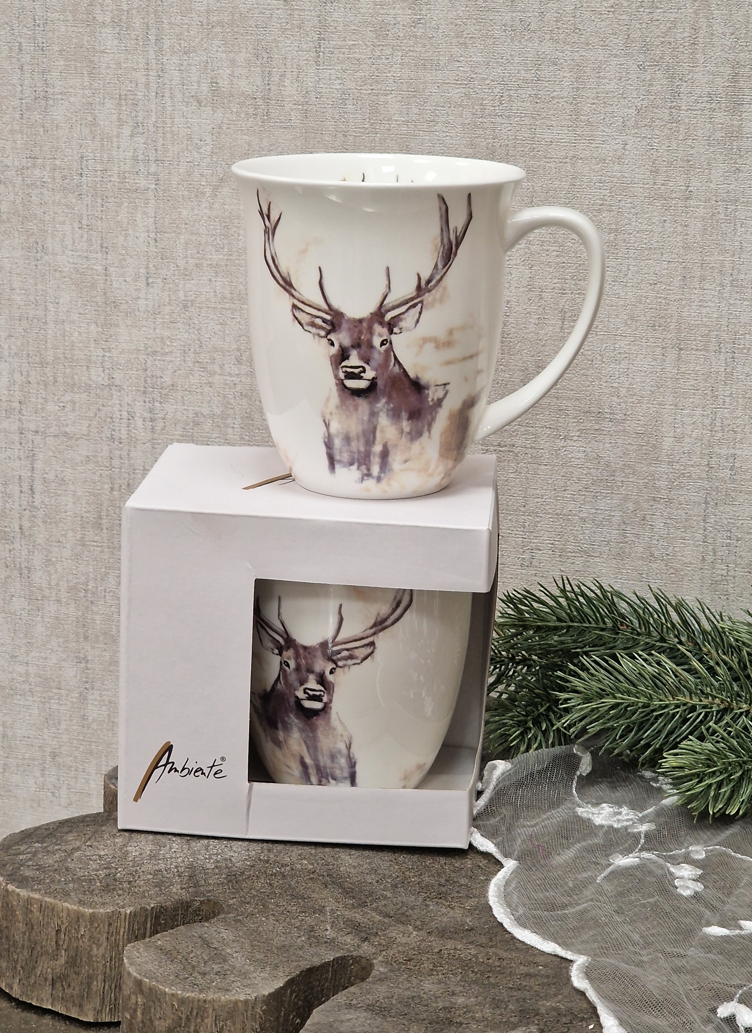 Ambiente Becher "Hirsch" – Kaffeetasse – Tasse mit Henkel – Porzellantasse